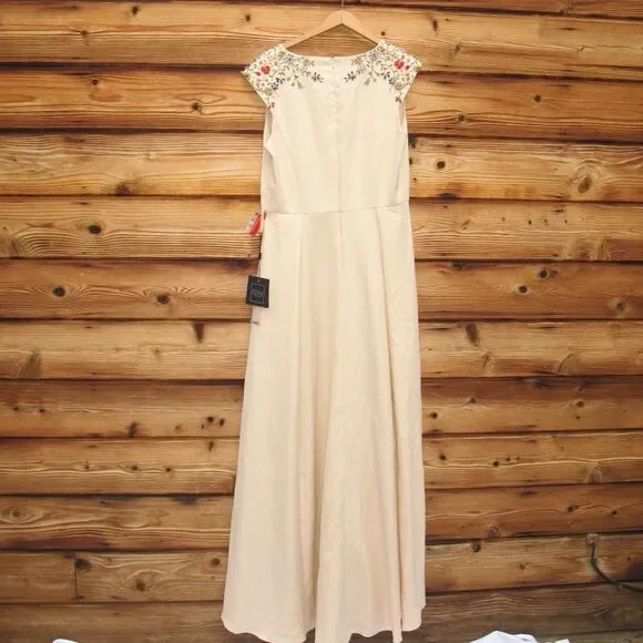 Mac Duggal 26540 Ieena Beaded Cap Sleeve V Neck A Line Gown Dress Cream Size 4 - Picture 10 of 16